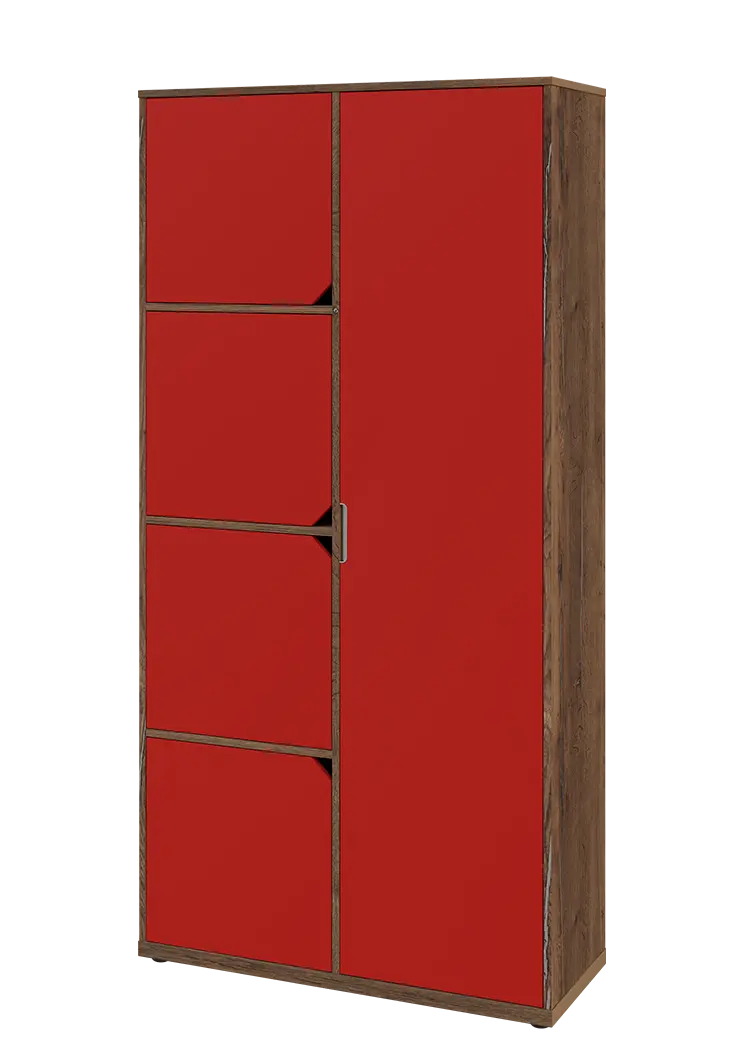 KSR6-82 P skříň šatní, 1x výsuvné ramínko, 4x dvířka, 2053x1022x400 mm, provedení pravé, dub halifax cínový/červená